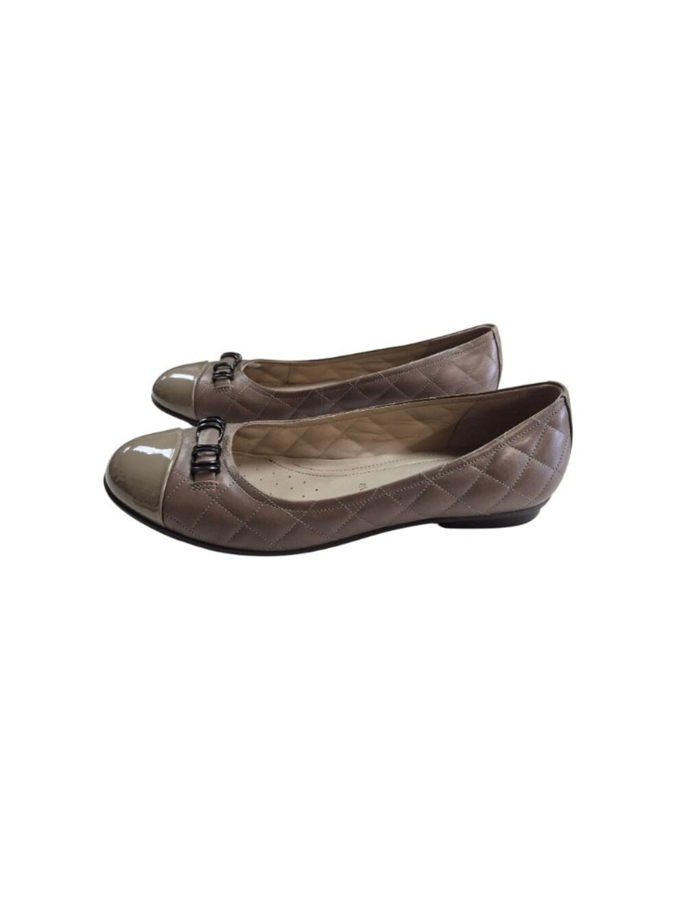 ECCO Women's 10 Quilted Leather Flats Buckle Detail Size 41 Taupe Patent Toe - Picture 5 of 13